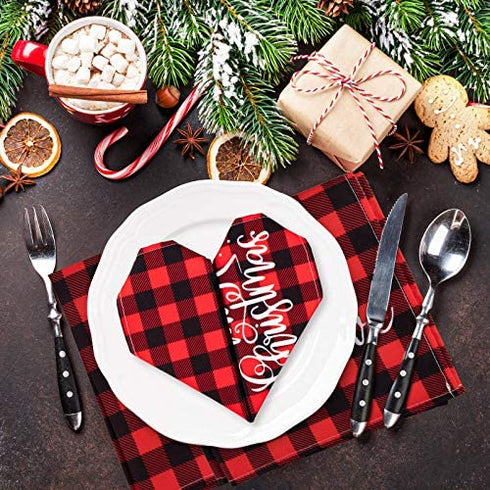Whaline Christmas Cloth Napkins Red Black Buffalo Plaid Placemat 6 Pack Merry Christmas Dinner Table Napkins Reusable Washable Table Decoration for Home Kitchen Xmas Party, 3 Design, 18 x 18 Inch