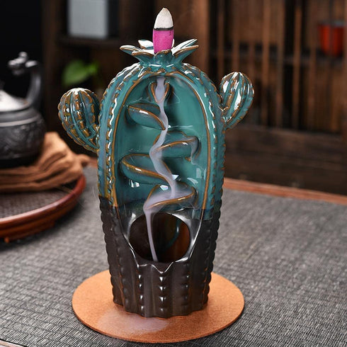 Backflow Incense Burner Cactus-like Waterfall Ceramic Incense Holder- Aromatherapy Ornament with 20 Incense Cones +30 Incense Sticks +1 Mat +1 Tweezer for Home Office Yoga Decor Gift