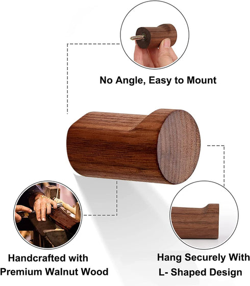 Wood Wall Hooks, 4 Pack Natural Walnut Wooden Wall Hooks, Heavy Duty Wood Hooks Wall Mounted, Decorative Sturdy Wood Coat Hooks Hat Hooks Wood Pegs for Hanging Backpack Towel Hats