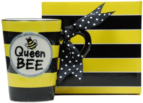 Burton & Burton Whimsical Queen Bee 13 oz Coffee Mug with Polka Dot Bow on Handle Gift Boxed