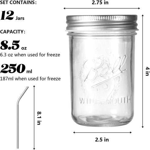 Ball Mason Jars 8 OZ, OAMCEG 12 Pack Canning Jars with Lids & Straws for Regular Mouth Mason Jars, 100% Recycled Sipper Mason Jar Drinking Glasses/Jars/Mugs, Ideal for Juice, Jam, Honey, Spices