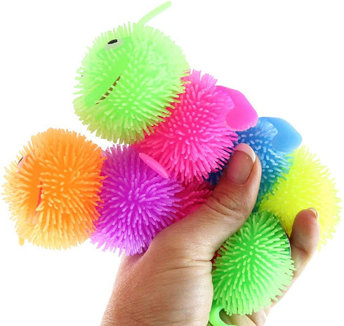 Curious Minds Busy Bags Set of 2 Puffer Caterpillar 5.5" Fidget Sensory Toy - 4 Section Tactile Toy Bug- Squishy Squeezey Sensory Squeeze Air Filled Balls OT (Random Colors)