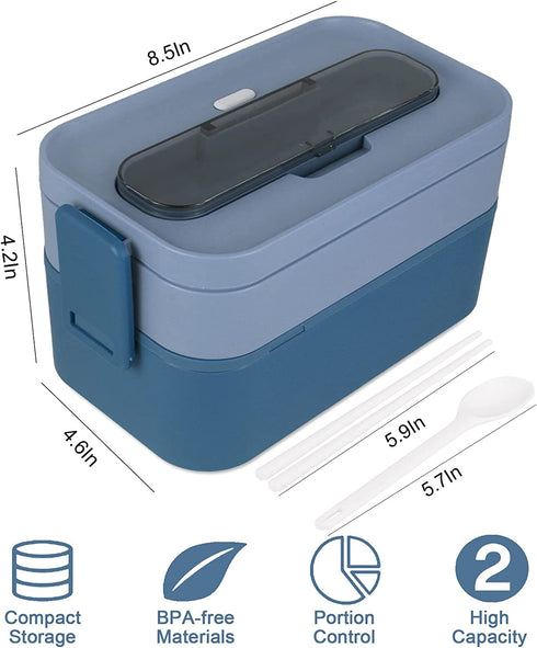 HSYTEK Bento Lunch Box Set Portable , 2 Layer Japanese Lunch Box, Meal Prep Lunch Container with Utensil & A Tote Drawstring Insulated Lunch Bag(Blue)