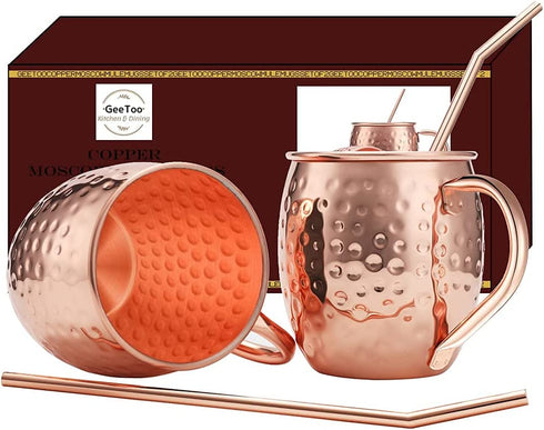 Moscow Mule Copper Mugs, Beer Glasses, Gift Set of 2, 16 oz, Food Safe HandCrafted Hammered Mug Pure Solid Copper Beer Mugs Wine Tumbler Cups, xmas Gift Set With 2 Cocktail Copper Straws