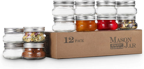 Regular Mouth Mason Jars 4 oz, LovoIn 12 Pack Glass Jar Canning Jars with Silver Metal Airtight Lids, for Jam, Jelly, DIY, Honey and Spice, Wedding Favors, Shower Favors