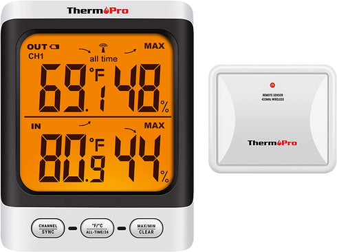 ThermoPro TP62 Indoor Outdoor Thermometer Wireless Weather Hygrometer, 200ft/60m Range Temperature Humidity Sensor, Backlight Indoor Room Thermometer for Home Greenhouse Garden