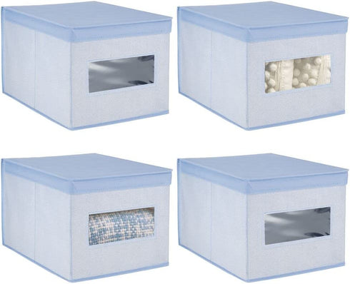 mDesign Soft Fabric Stackable Closet Storage Organizer Holder Box Bin with Clear Window, Attached Hinged Lid - Bedroom, Hallway, Entryway, Closet, Bathroom - Textured Print, 4 Pack - Blue Herringbone
