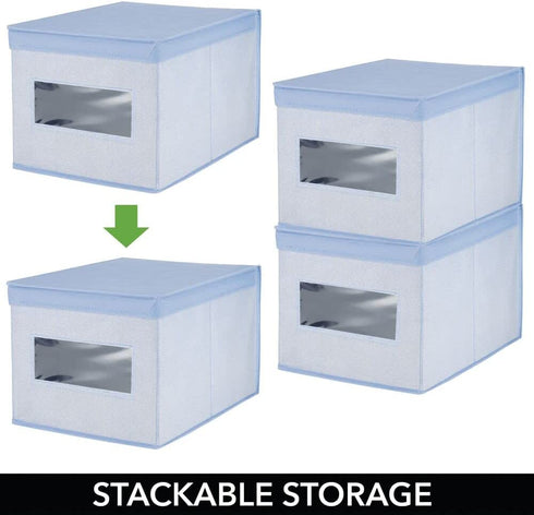 mDesign Soft Fabric Stackable Closet Storage Organizer Holder Box Bin with Clear Window, Attached Hinged Lid - Bedroom, Hallway, Entryway, Closet, Bathroom - Textured Print, 4 Pack - Blue Herringbone