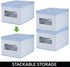 mDesign Soft Fabric Stackable Closet Storage Organizer Holder Box Bin with Clear Window, Attached Hinged Lid - Bedroom, Hallway, Entryway, Closet, Bathroom - Textured Print, 4 Pack - Blue Herringbone