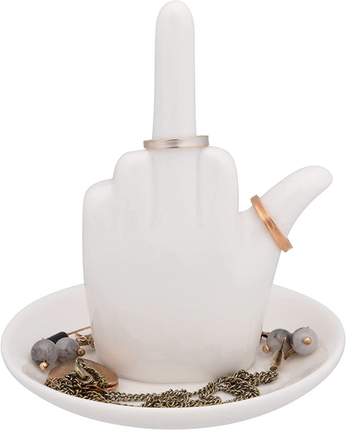 Stephanie Imports White Ceramic Middle Finger Jewelry Ring Dish Tray