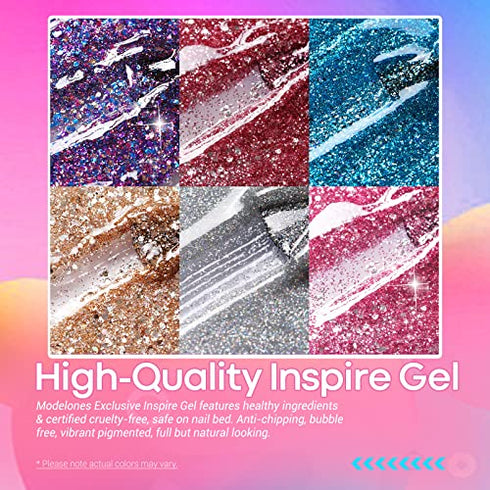 Modelones Glitter Gel Nail Polish - 6 Colors Sparkle Red Pink Purple Gel Polish Set Gel Blue Gold Silver Fingernail Polish Set Holiday Gel Collection of Manicure Starter Kit in Gifts for Women Package