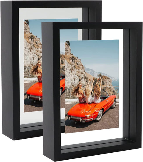 Trwcrt 2 Pack 4x6 Floating Picture Frame, Double Side Tempered Glass Picture Frames?Display up to 6 x 8 photos for Desktop or Wall Hanging, Black