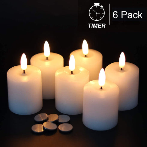 GenSwin Flameless Pillar Candles Flickering with Timer, Battery Operated Real Wax LED Votive 3D Wick Candles 6 Pack White(Battery Include, 2 x 3.2 Inch)