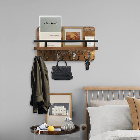 AilyHooms Key Holder Wall Mounted Mail Holder with 10 Hooks and 2 Wooden DIY Keychains - Wooden Decorative Key Hanging Rack Mail and Key Organizer Rustic Wall Shelf Decor, 12'' x 7'' x 3''
