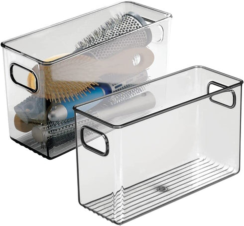 mDesign Plastic Storage Bin Container with Handles for Bathroom Vanity Countertop, Shelves, Cabinet and Under Sink Storage - Holds Hand Soap, Body Wash, Shampoo, Lotion - 10" Long, 2 Pack - Smoke Gray