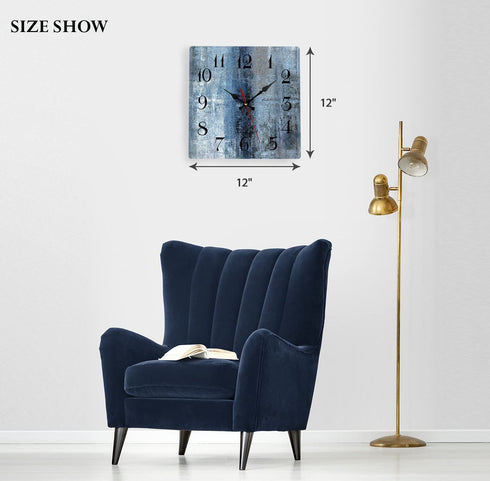 Wooden Wall Clock Silent Non-Ticking , Blue Grey Abstract Painting Gray Wooden Square Rustic Coastal Wall Clocks Décor for Home Kitchen Living Room Office, Battery Operated(12 Inch)