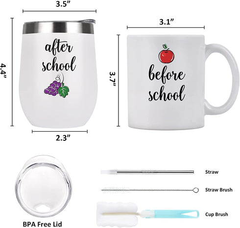 Teacher Gift, Before School After School Teacher Coffee Mug and Wine Tumbler Set, Thank You Appreciation Gift for Teacher Professor Teaching Assistant, 12 Oz Stainless Steel Tumbler 11 Oz Coffee Mug