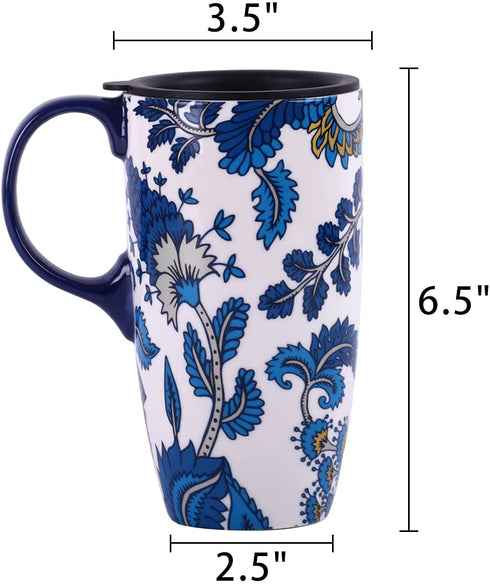 Ceramic Mug with Lid and Handle,17oz. Tall Coffee Cup for Home,Party and Birthday,Blue Flower