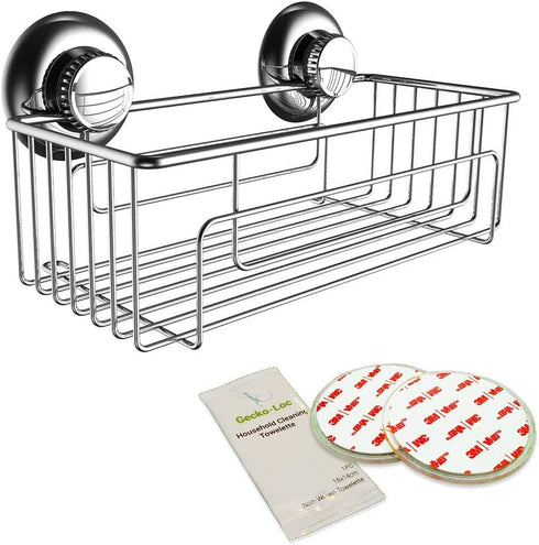 Gecko-Loc Super Suction Cup Shower Caddy Bath Wall Shelf, Large Deep Bathroom Shampoo, Conditioner and Bath Gel Caddy Organizer - Kitchen Storage Basket - Rustproof Stainless Steel Silver Finish