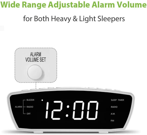 Reacher Simple Alarm Clock Radio with USB Charger Port, FM Radio, Dimmer, 6 Snoozes 9-Minute intervals, Adjustable Alarm Volume for Heavy Sleepers, for Bedrooms (White)