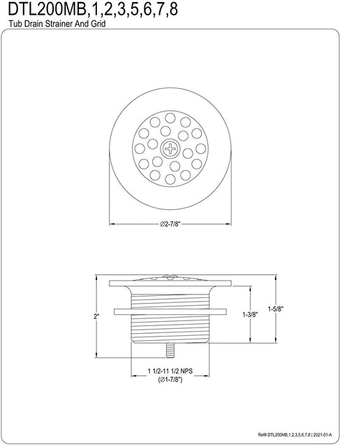 Kingston Brass DTL201 Bath Tub Drain Strainer and Grid, Polished Chrome