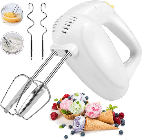 2022 Hand Mixer Electric, 5 Speeds Selection Portable Handheld Kitchen Whisk, Lightweight Powerful Handheld Electric Mixer Stainless Steel Egg Whisk with 2 Beaters & 2 Dough Hooks for Cake, Baking, Cooking