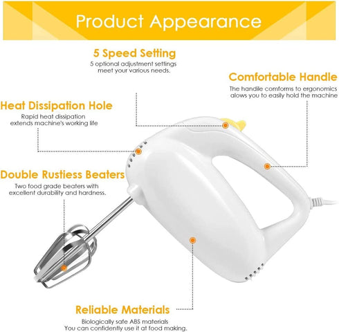 2022 Hand Mixer Electric, 5 Speeds Selection Portable Handheld Kitchen Whisk, Lightweight Powerful Handheld Electric Mixer Stainless Steel Egg Whisk with 2 Beaters & 2 Dough Hooks for Cake, Baking, Cooking