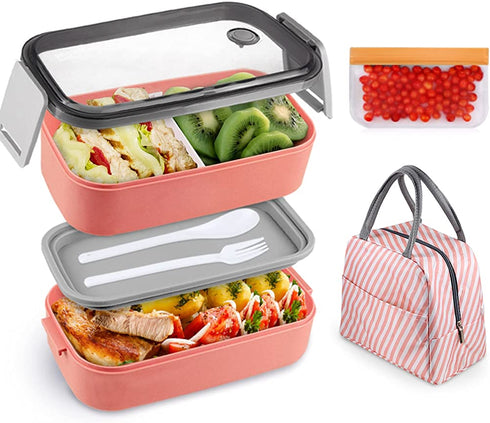 Bento Box For Adults Natraprow BPA-Free Bento Box Lunch Box Leak Proof 3 Compartments Bento Box Kit With Detachable Divider , Lunch Bag, Stackable Lunch Containers Pink Bento Box With Utensils (pink)