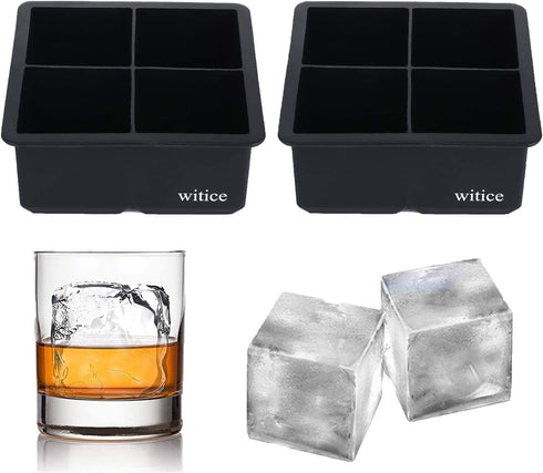 witice Large Ice Cube Trays Silicone (2.5-Inches) - Whiskey Ice Cube Mold, With Easy Release Ice Cubes for Whiskey and For Cocktail,Food Grade (Black 2 Tray)