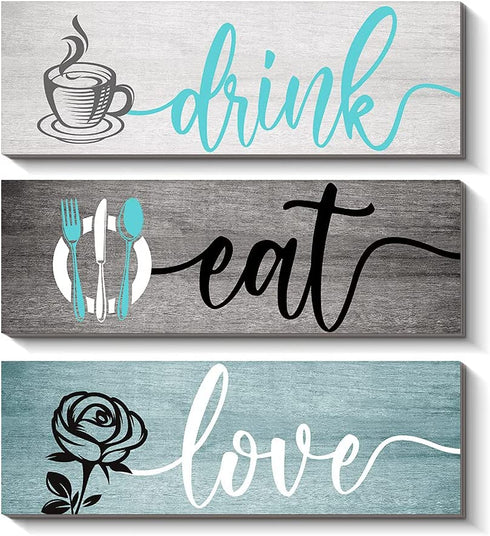 Creoate Kitchen Signs Wall Decor, Set of 3- Eat Drink and Love Wood Plaque, Dinning Room Wall Art Rustic Farmhouse Decor, Blue