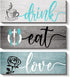 Creoate Kitchen Signs Wall Decor, Set of 3- Eat Drink and Love Wood Plaque, Dinning Room Wall Art Rustic Farmhouse Decor, Blue