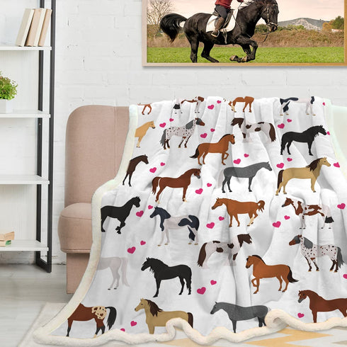 ARIGHTEX Cute Horse Blanket Throw for Kids Girls Ponies Heart Fleece Blanket Winter All Season Plush Blanket Couch Sofa Throws Cartoon Farm Animals Sherpa Blanket Horse Gifts for Teenage (50"x60")