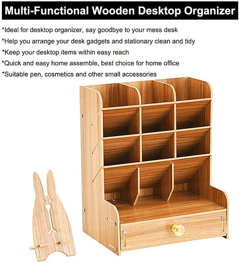 Marbrasse Wooden Pen Organizer, Multi-Functional DIY Pen Holder Box, Desktop Stationary, Easy Assembly, Home Office Art Supplies Organizer Storage with Drawer (B11-Cherry Color)