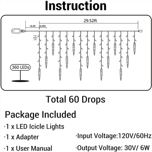 Icicle Christmas Lights, 29.5ft 360 LED Connectable Icicle String Lights with 60 Drops, Window Curtain Fairy Lights with 8 Modes, Icicle Fairy Twinkle Lights for Christmas Decorations (Warm White)