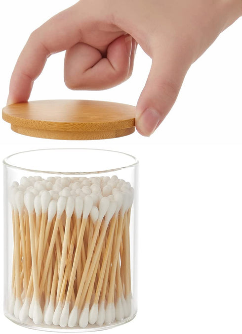 INIUNIK 3 Pack Glass Qtip Holder Dispenser, 20 oz and 11 oz Clear Glass Apothecary Jars, Bathroom Vanity Canisters Organizer Jars for Cotton Swabs, Balls, Rounds, Pads, Floss, Bath Salts