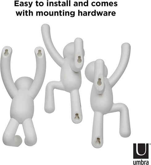 Umbra Buddy Decorative Wall Mounted Hooks for Hanging Coats, Scarves, Bags, Purses, Backpacks, Towels and More, Set of 3, White, 3 Count