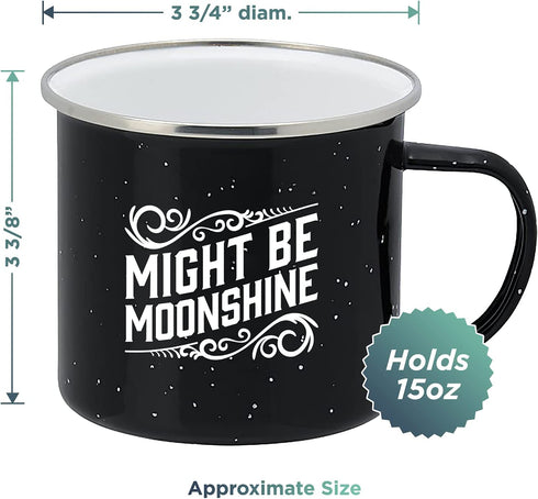 Enamel Camping Coffee Mug "Might Be Moonshine" Large Tin Cup, 15 Ounce (Midnight Black)