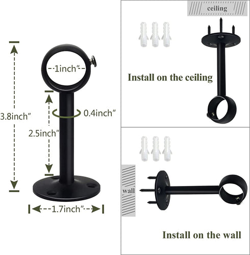 Ceiling Curtain Rod Brackets, 1 Inch Heavy Duty Curtain Rod Bracket Black Closet Flange Rod Holder End Support 8 Pack Curtain Pole Holders Sockets Ceiling Mount Curtain Rod Bracket for Wardrobe