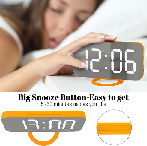 WulaWindy Digital Alarm Clock, Large Mirrored LED Display, with USB Charger, Snooze Function Dim Mode Wall Hanging Beside Desk Clock for Bedroom (Orange)
