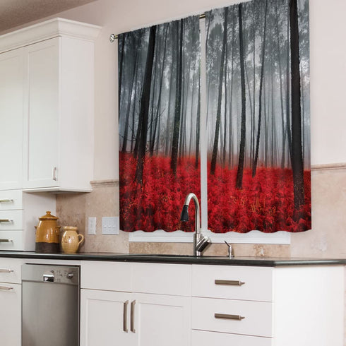 Cinbloo Red Black Forest Kitchen Curtains Rod Pocket 27.5W x 39L Inch Burgundy Tree Kitchen Decor Mystic Nature Foggy Fall Scene Gothic Woodland Floral Leaves Short Design Small Window Drapes 2 Panel