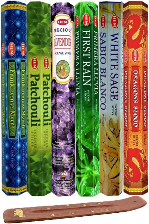 Six Most Popular Hem Incense Scents of All Time, 120 Sticks Total, with Free Burner - 20 Sticks Each of Dragon's Blood, Frankincense & Myrrh, Patchouli, Precious Lavender, First Rain, and White Sage
