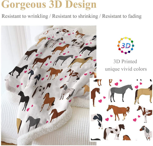 ARIGHTEX Cute Horse Blanket Throw for Kids Girls Ponies Heart Fleece Blanket Winter All Season Plush Blanket Couch Sofa Throws Cartoon Farm Animals Sherpa Blanket Horse Gifts for Teenage (50"x60")