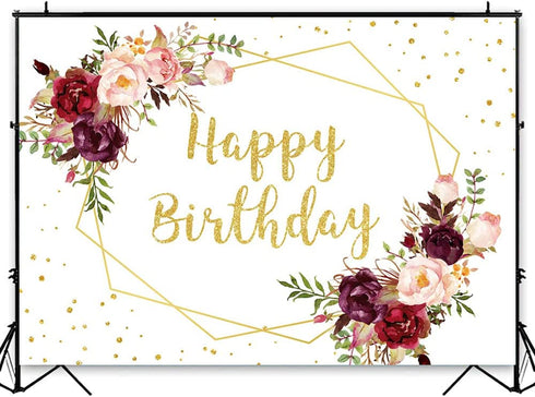 Avezano Happy Birthday Backdrop Rose Burgundy Flowers Adult Women Photo Background Golden Birthday Party Decoration Glitter Dots Dessert Table Banner(7x5ft)