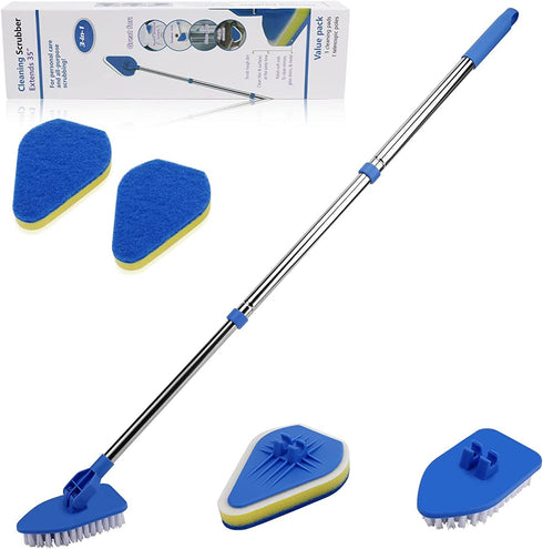 Long Handle Cleaning Brush, Globalstore 2 in 1 Scrub Brush Shower Scrubber for Cleaning, 37? Scrubbing Brush Bathtub Scrubber for Shower Floor Bathroom Wall Glass, 1 Stiff Bristle Brush 3 Sponge Brush