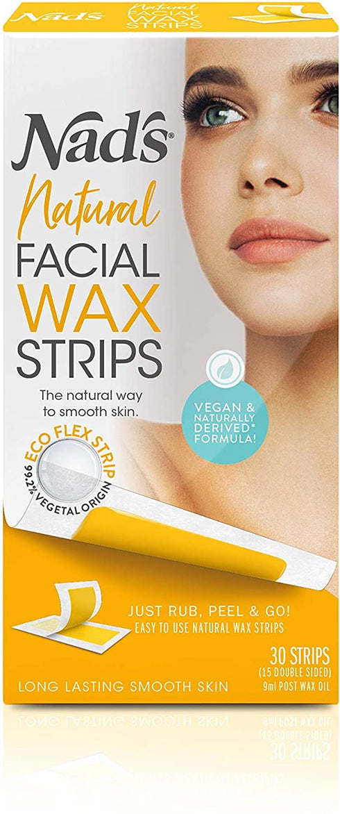 Nad's Facial Wax Strips - Natural All Skin Types - Waxing Kit With 30 Face Wax Strips & Post Wax Oil, 1 Count