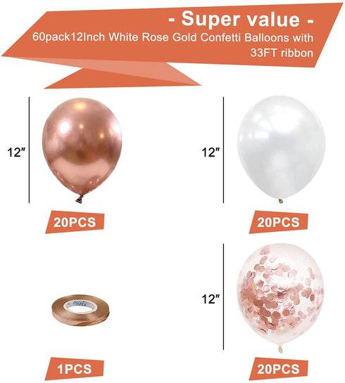 Rose Gold Confetti Latex Party Balloons, 60Pcs 12Inch White Rose Gold Balloons For Wedding Birthday Bachelorette Bridal Shower Engagement Baby Shower Princess Party Decorations with 33FT Ribbon