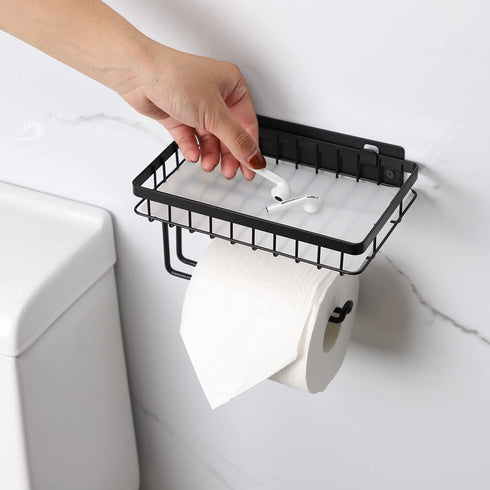 Toilet Paper Holder with Shelf, LKKL Toilet Tissue Paper Holder Wall Mounted, Bathroom Toilet Paper Roll Holder Storage, Bathroom Accessory Tissue Roll Dispenser and Shelf - Silver