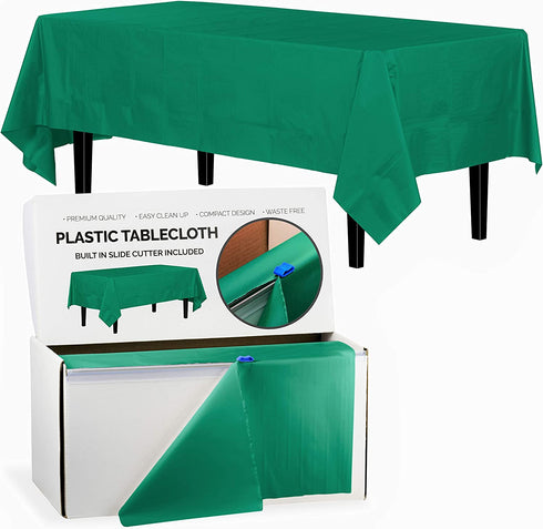 Exquisite 54 Inch X 100 Feet Emerald Green Plastic Table Cover Roll in A Cut - to - Size Box with Convenient Slide Cutter. Cuts Up to 12 Rectangle 8 Feet Plastic Disposable Tablecloths