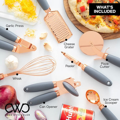 COOK With COLOR 7 Pc Kitchen Gadget Set Copper Coated Stainless Steel Utensils with Soft Touch Grey Handles