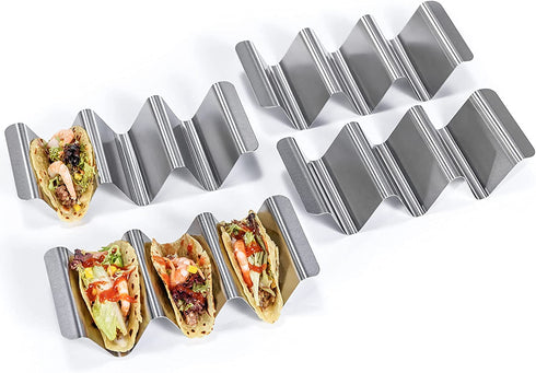 18/8 Stainless Steel Taco Holders: U-Taste Soft Hard Taco Shell Rack Oven Safe Metal Corn Tortilla Serving Tray Plates Stand Set with Handle and Rounded Curves (Set of 4)
